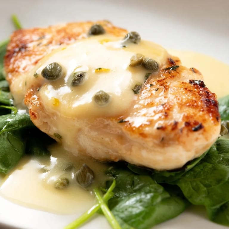 Tender chicken breast draped in a bright, zesty lemon-butter pan sauce over a bed of fresh wilted spinach.