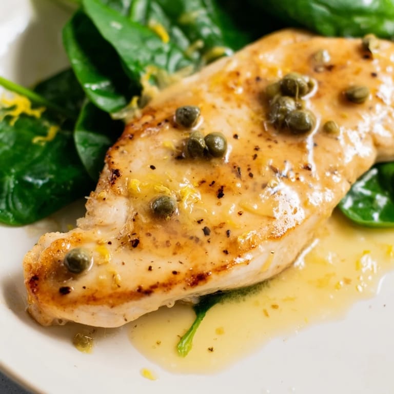 Garlic-infused Spinach Lemon Butter Chicken served with lemon slices and parsley garnish, ready for a gluten-free dinner.