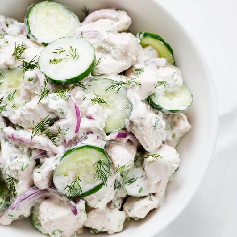 Creamy cucumber chicken salad garnished with green onions and dill, featuring Greek yogurt dressing and colorful vegetables on a rustic wooden table.  