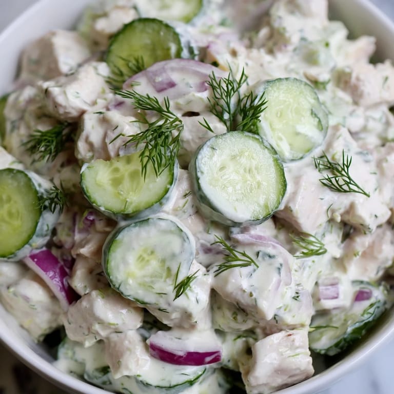 Close-up of creamy cucumber chicken salad highlighting juicy chicken, crunchy cucumbers, and creamy dill yogurt dressing in a serving dish ready to enjoy.