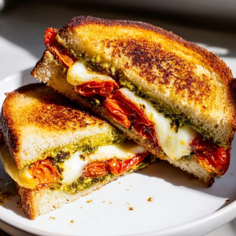 Rustic bread halves reveal layers of caramelized tomatoes and herbs in this vegetarian Roasted Tomato Pesto Grilled Cheese, perfect with a side salad.