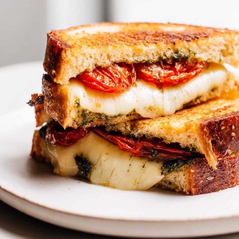 A close-up of a buttery, grilled sandwich oozing with mozzarella, basil pesto, and slow-roasted tomatoes for a comforting lunch.