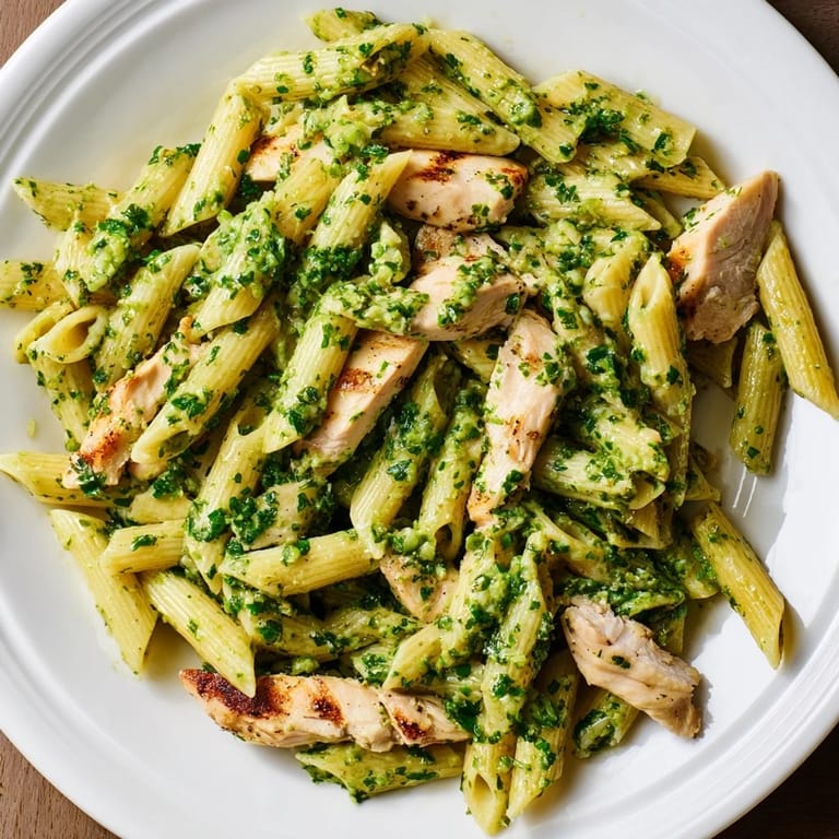 A fork twirls al dente pasta with tender chicken pieces, drenched in vibrant green chimichurri.