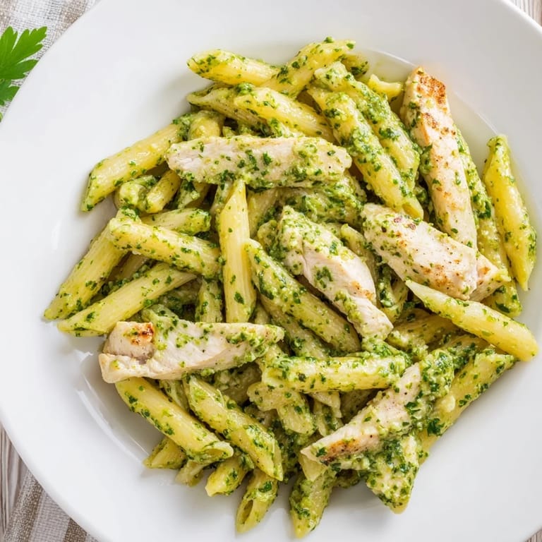 Close-up of Chimichurri Chicken Pasta showing juicy grilled chicken, fresh parsley, and a drizzle of olive oil.