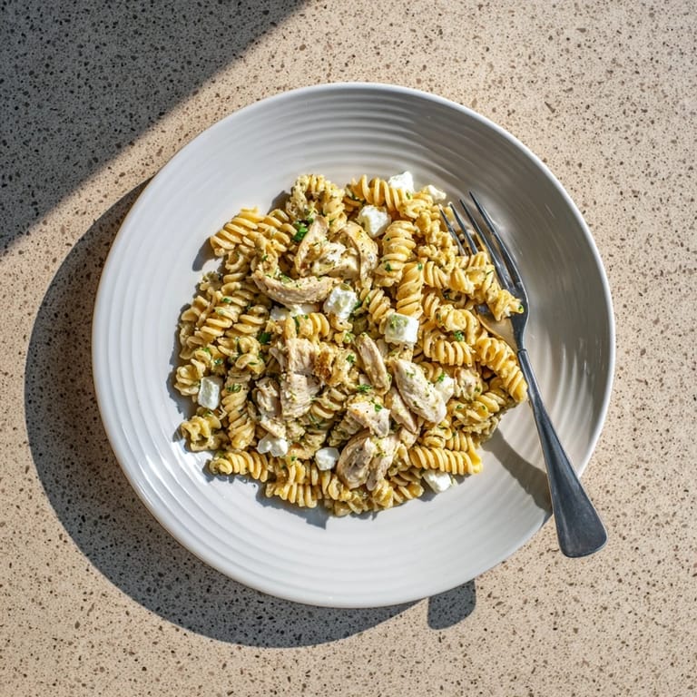 Savory Cilantro Lime Chicken Pasta served warm with lime wedges, cotija cheese, and extra chopped cilantro.