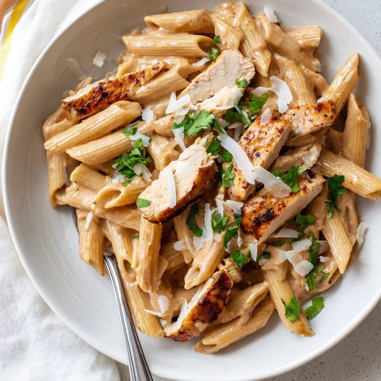 A serving of Honey Chipotle Chicken Pasta with penne in a glossy, smoky sauce and lime wedge on the side.