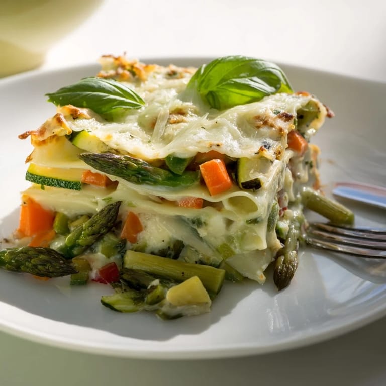 Spring Veggie Alfredo Lasagna layers no-boil noodles, creamy Alfredo, and vibrant vegetables like asparagus, spinach, and peas in a baking dish.