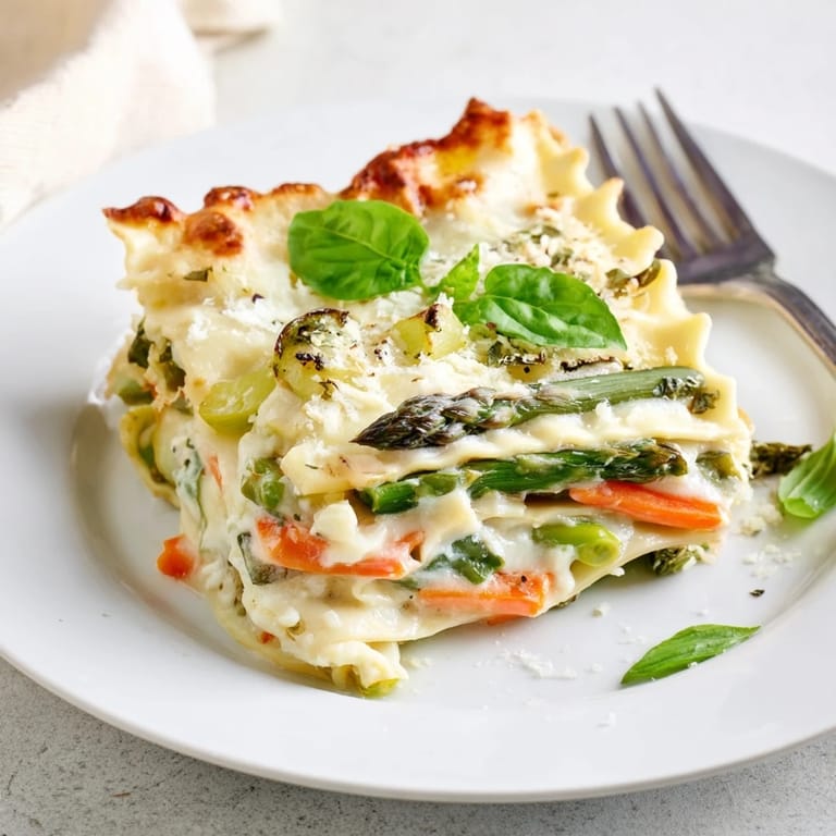 Cut slice of Spring Veggie Alfredo Lasagna shows creamy ricotta and tender spring vegetables layered between noodles, steam rising from the plate.