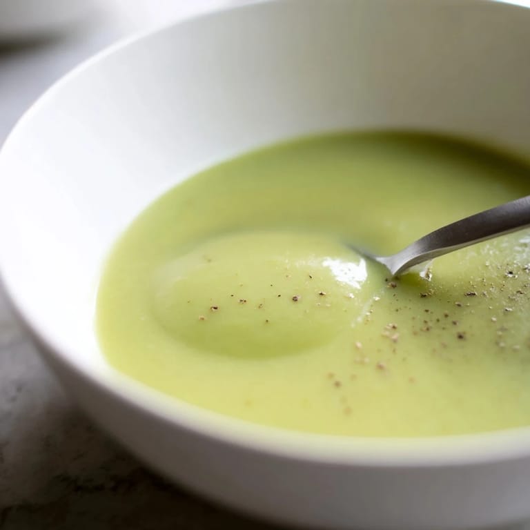 Bright green Big Green Immunity-Boosting Vegetable Soup in a white bowl, served with a slice of crusty artisan bread.
