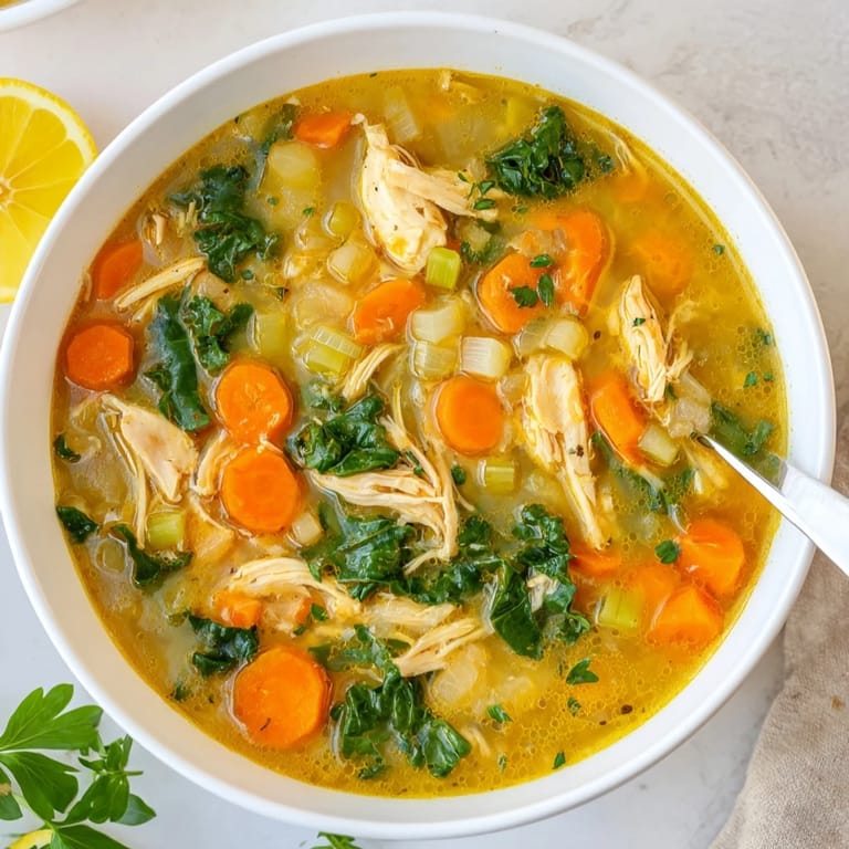 A bowl of High Protein Lemon and Turmeric Chicken Soup garnished with lemon wedges and herbs, ready to serve with crusty bread.