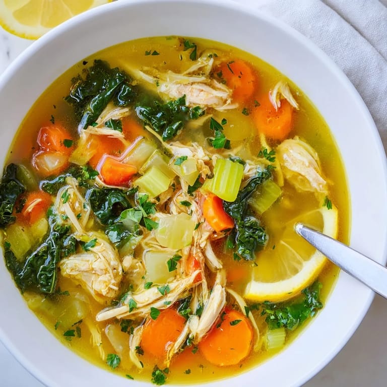 Close-up of High Protein Lemon and Turmeric Chicken Soup showing colorful carrots, celery, and wilted baby kale in a savory broth.