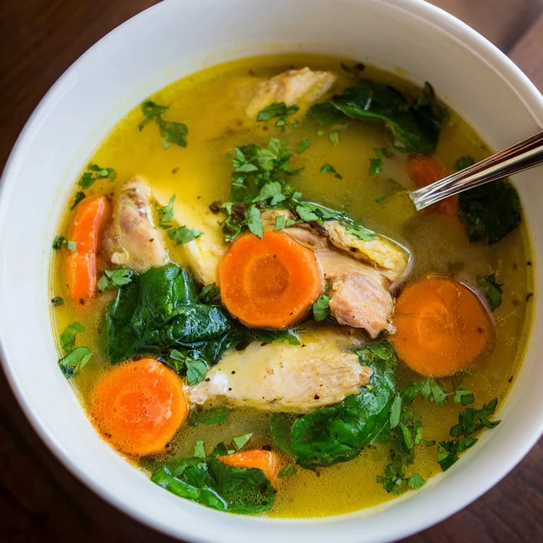 A steaming bowl of Turmeric Chicken Soup with tender chicken pieces and wilted spinach leaves.