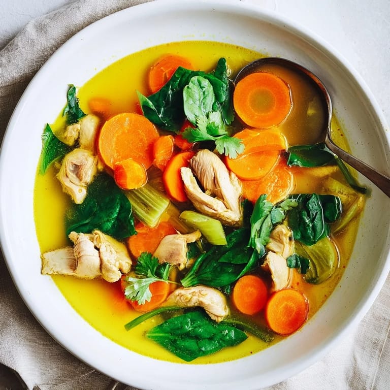 Close-up of vibrant Turmeric Chicken Soup, featuring carrots, celery, and a golden, fragrant broth.