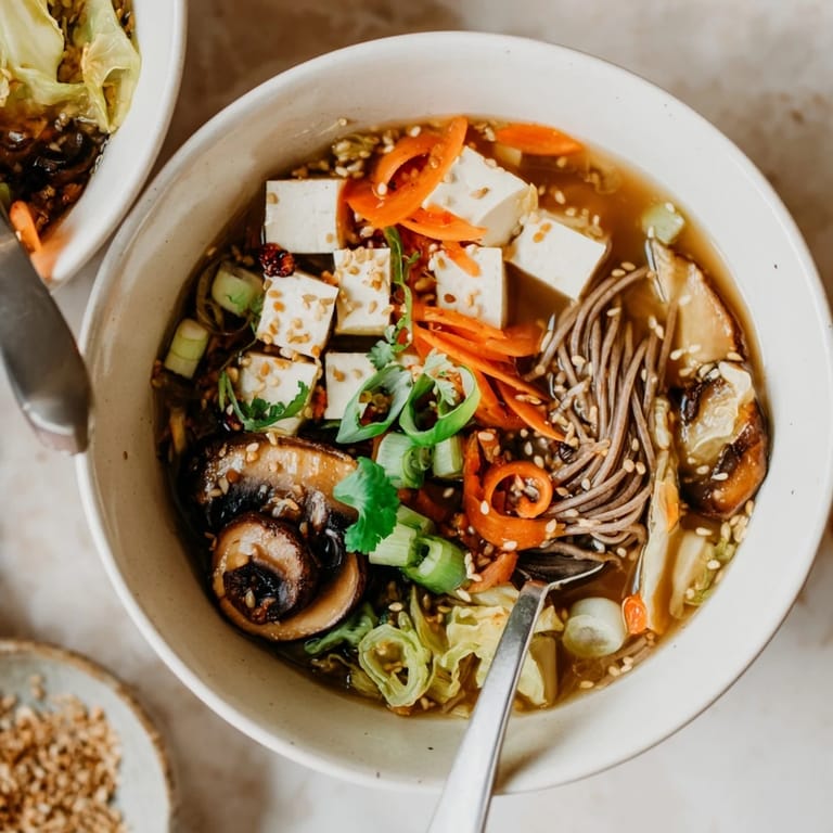 A close-up of Ginger-Miso Winter Soup with vibrant vegetables and a savory broth, ready to serve with chili oil garnish.