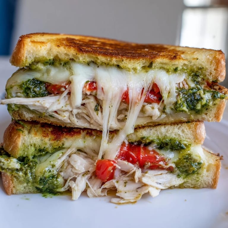 A skillet of bubbling Mozzarella Pesto Chicken Grilled Cheese, featuring toasted bread and gooey mozzarella topping.