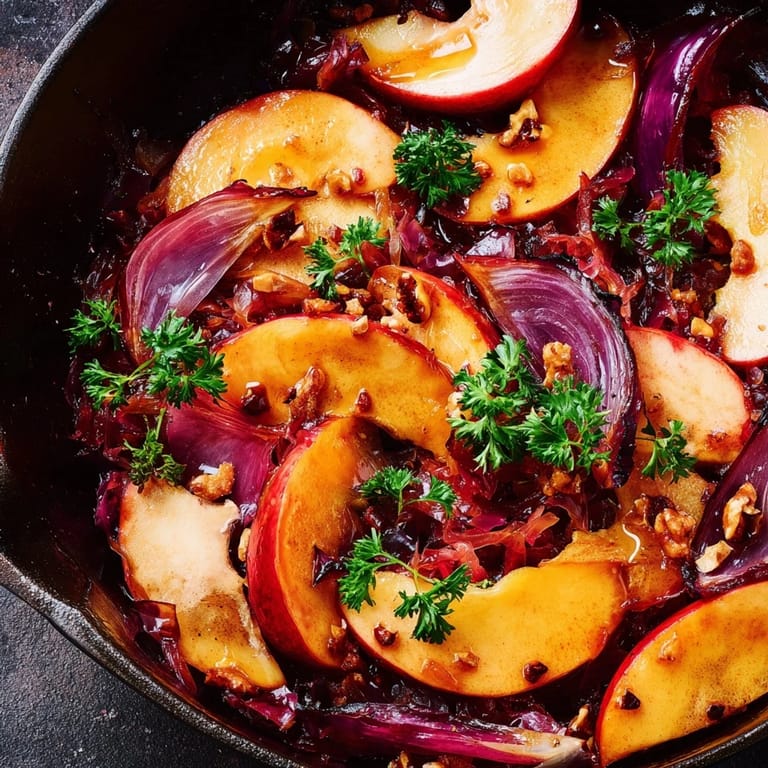 Steam rises from a rustic cast-iron skillet filled with sweet apples, pickled sauerkraut, and toasted pecans, highlighting this comforting German-inspired side dish.