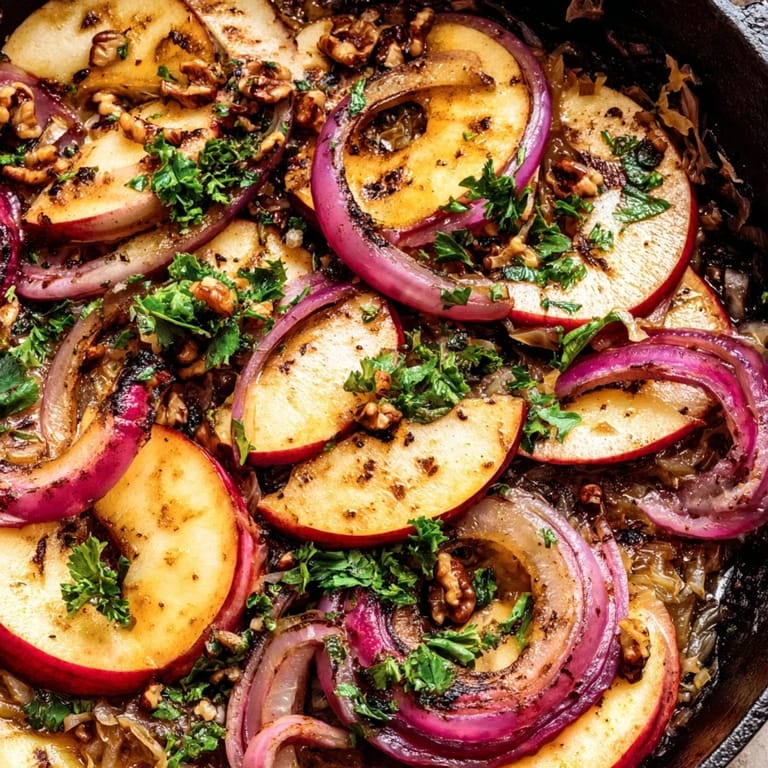 Close-up of a savory Warm Apple and Sauerkraut skillet salad, showcasing tender apple slices and vibrant cabbage served alongside grilled sausage for a hearty meal.