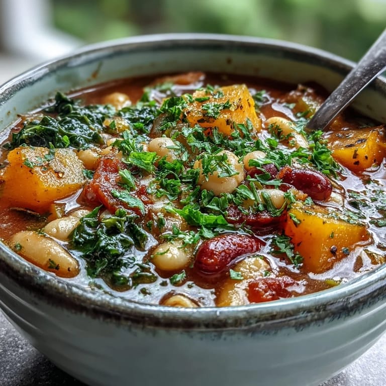 Healthy vegetarian Winter Minestrone Soup loaded with vegetables, pasta, and cannellini beans in a flavorful tomato broth.