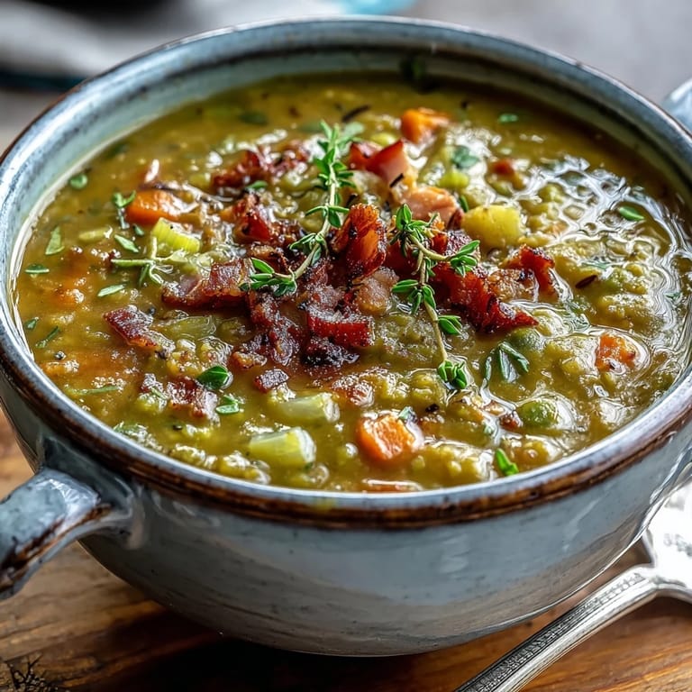 Thick and creamy Split Pea and Ham Soup ladled into a white bowl, ready to be enjoyed.