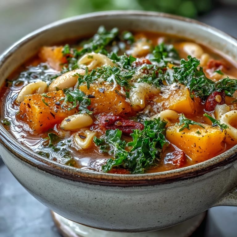 Hearty Italian Winter Minestrone Soup With Butternut Squash and Kale served with crusty bread for dipping.