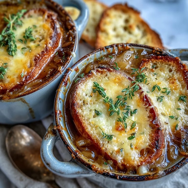 Golden-caramelized onions fill this Dutch Oven French Onion Soup, topped with toasted bread and rich melted cheese, ready to enjoy.