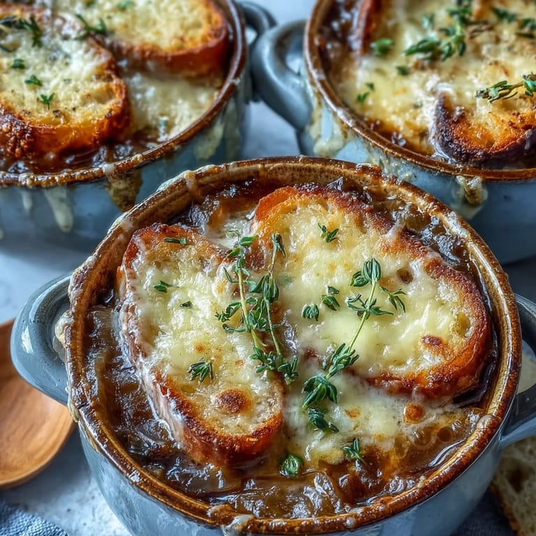 Hearty Dutch Oven French Onion Soup broiled until bubbly, featuring savory aromas, deep broth, and crispy baguette slices for dipping.