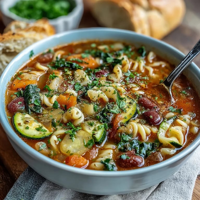 Hearty Minestrone Soup served in a rustic bowl, perfect with crusty bread for dipping.
