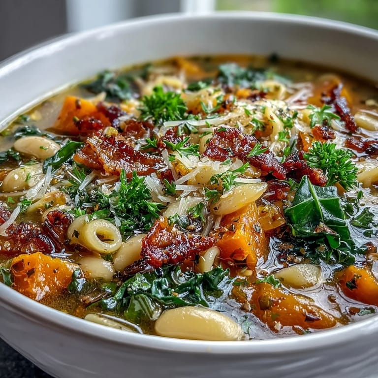 Hearty Fall Minestrone with ditalini pasta, served in a rustic bowl alongside crusty artisan bread.