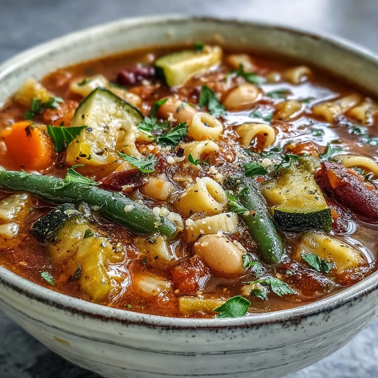 Serving suggestion for Minestrone Soup topped with fresh parsley and grated Parmesan, alongside crusty Italian bread for dipping.