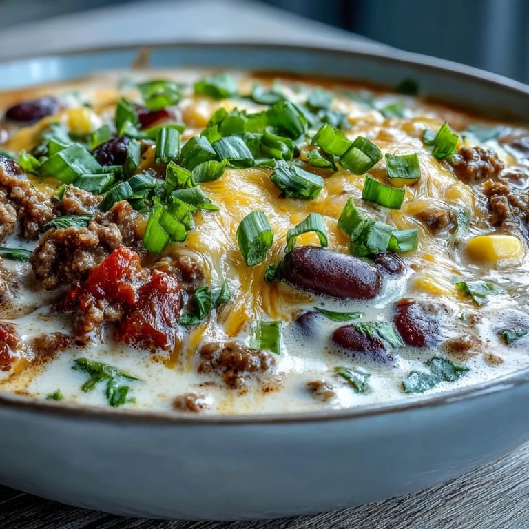 A ladle of Creamy Taco Soup lifted from a pot, showing rich broth, beans, beef, and veggies, ready for a cozy dinner.