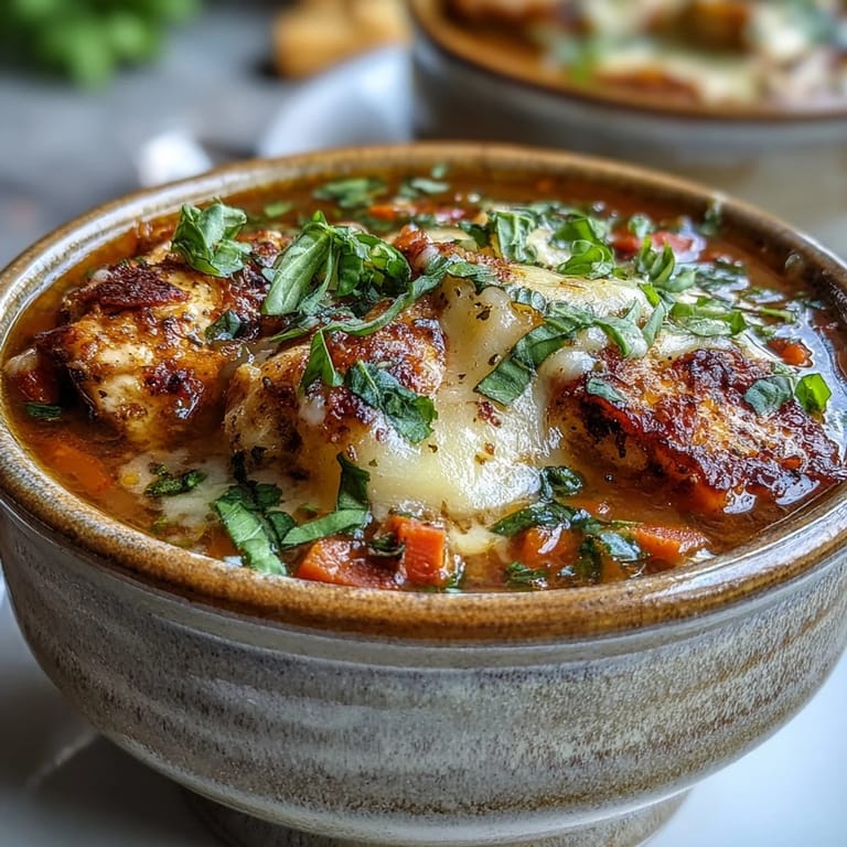 Close-up view of Grilled Chicken Parmesan Soup featuring tender grilled chicken and rich tomato broth.