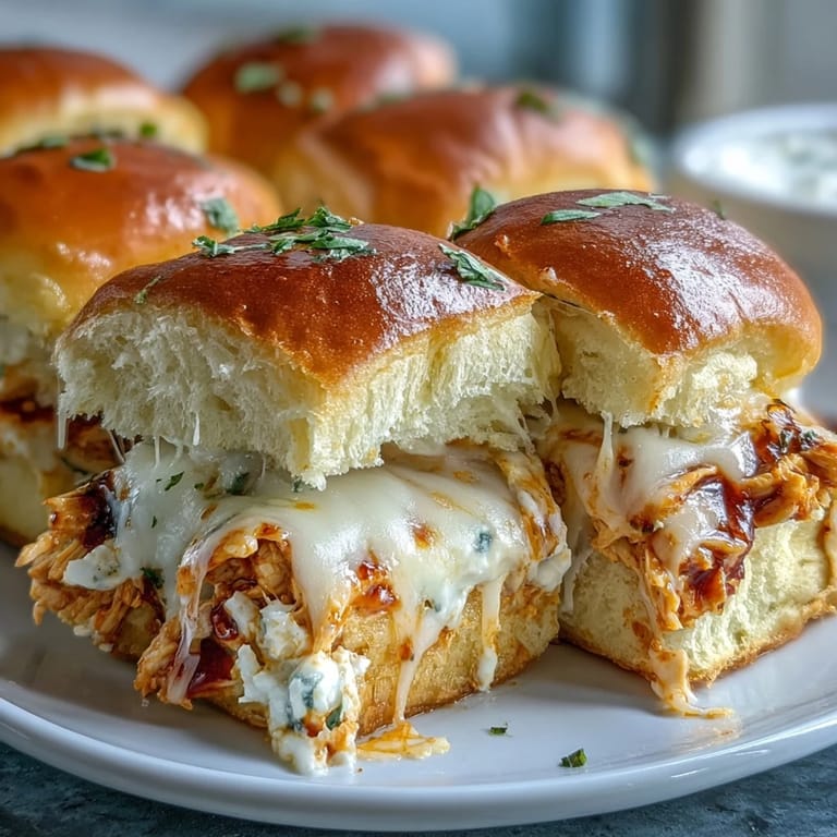 Golden brown slider buns brushed with garlic butter, hiding a creamy Buffalo chicken dip inside.