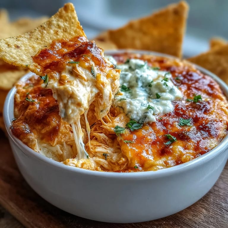 A warm bowl of Crock Pot Buffalo Chicken Dip surrounded by crispy tortilla chips and fresh celery sticks.