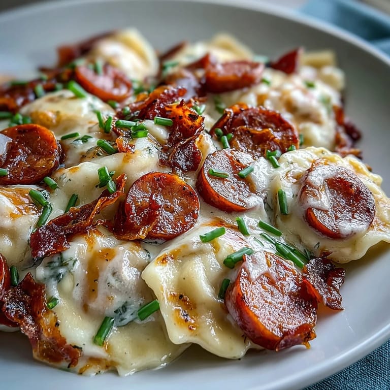 Comforting Crockpot Pierogi Casserole With Kielbasa served in a bowl, garnished with fresh chives and a dollop of sour cream.