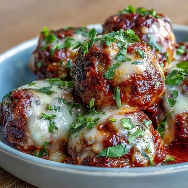 Savory Cheesy, Garlicky Meatballs With Marinara served over spaghetti on a white plate, ready for a comforting Italian family dinner.
