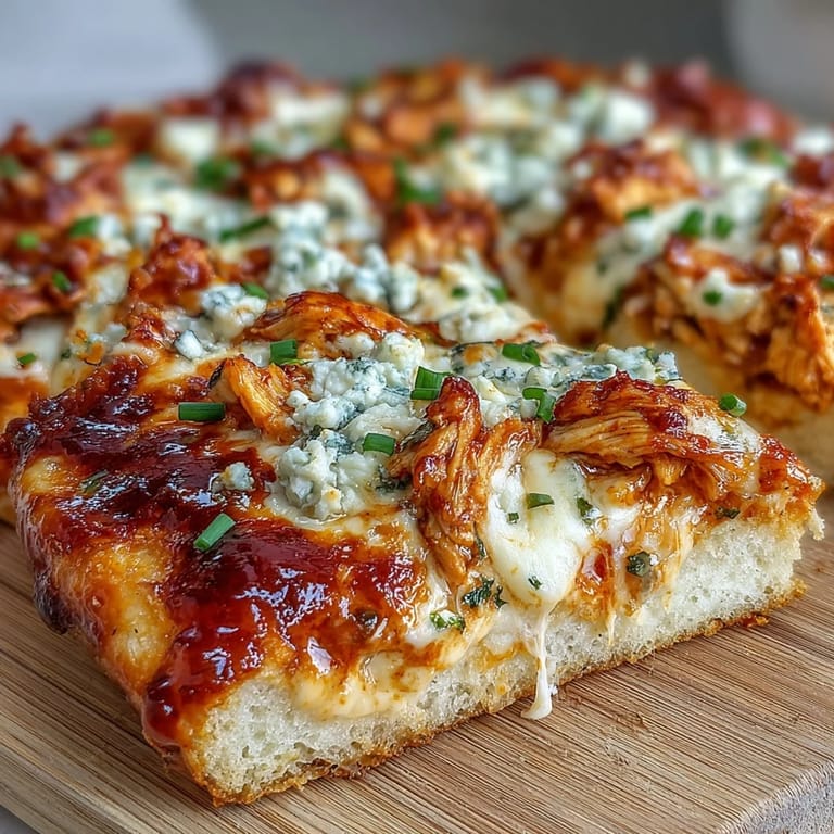 Freshly baked Buffalo Chicken Pizza with red onion slices and herbs, cut into wedges on a rustic wooden board.