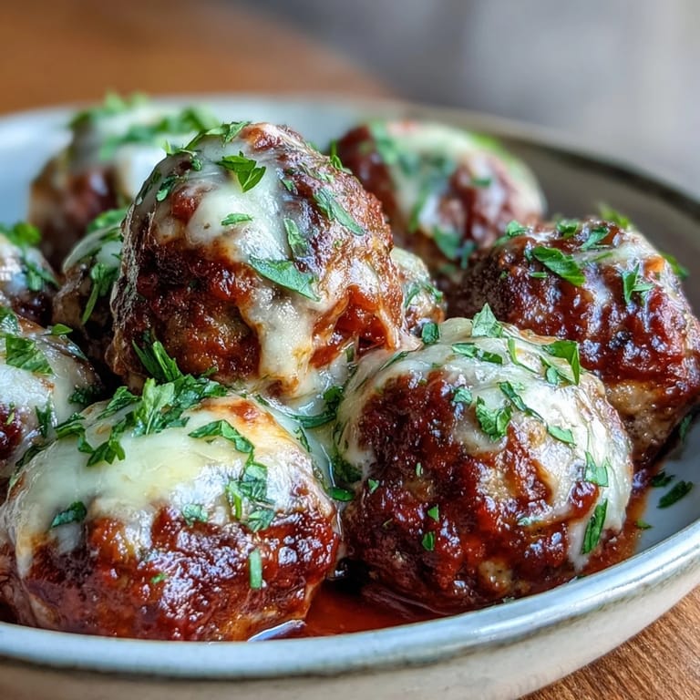 Steam rises from tender Cheesy, Garlicky Meatballs With Marinara in a cast-iron skillet, garnished with parsley and Parmesan cheese.