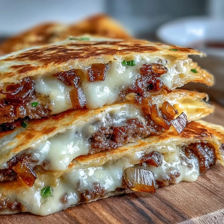 Crispy beef patties and caramelized onions in a golden Cheesy Griddled Smashburger Quesadilla on a plate.