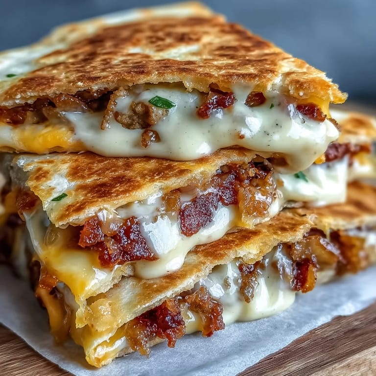 Sizzling Cheesy Griddled Smashburger Quesadillas being sliced to reveal juicy smashburger patties and gooey cheese.