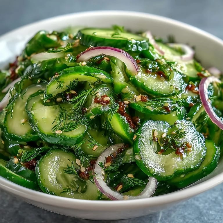 A chilled bowl of Refreshing Crunchy Cucumber Salad garnished with fresh dill and toasted sesame seeds on a rustic table.