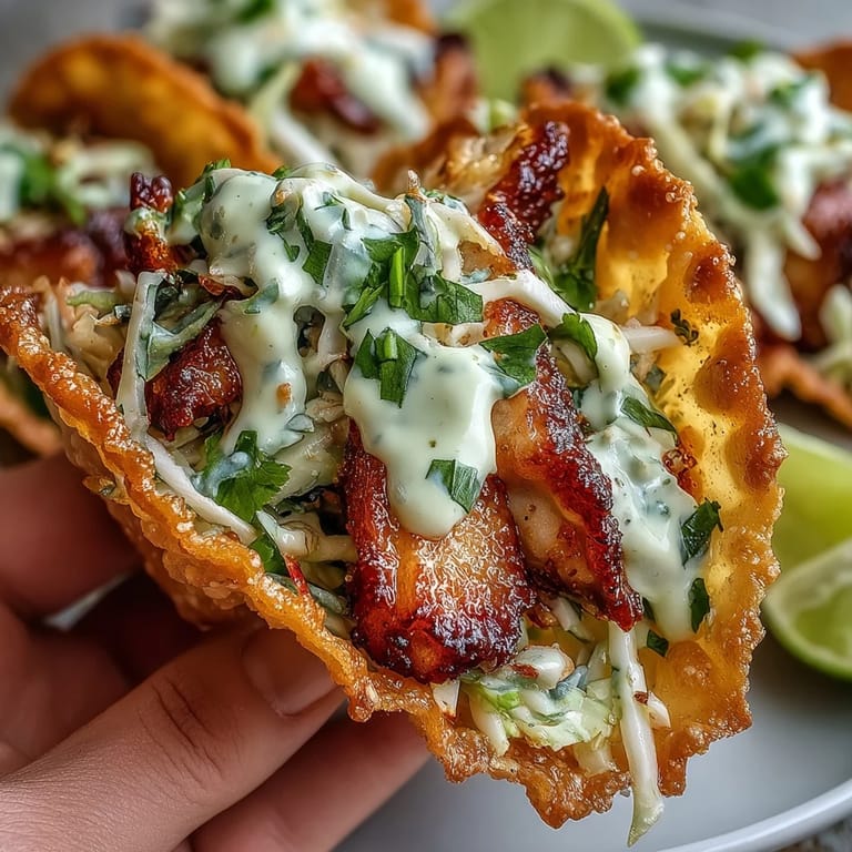Spicy chicken and tangy slaw packed into crisp wonton shells, topped with green onions for a bold bite.