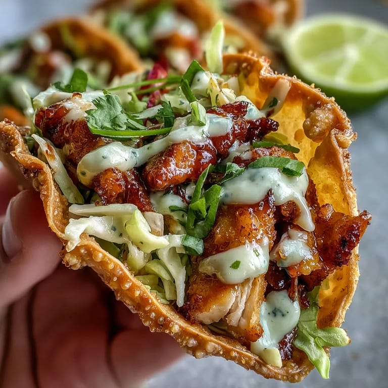 A platter of crunchy Asian fusion Crispy Chicken Wonton Tacos garnished with fresh cilantro and lime wedges.