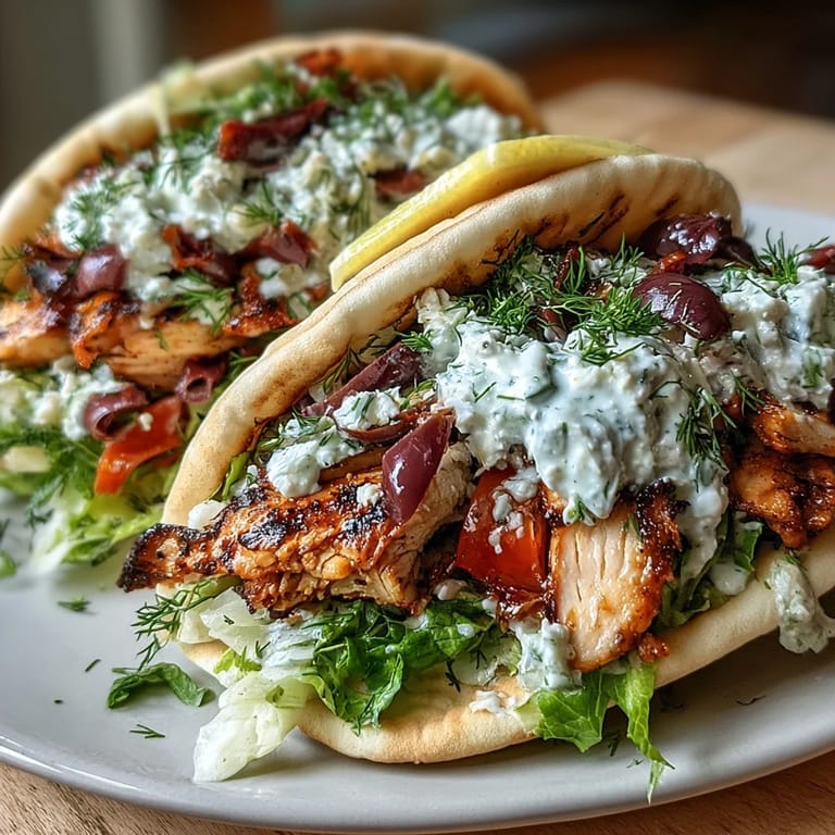 Serving a Mediterranean Chicken Gyros plate with tangy tzatziki sauce, Kalamata olives, and lemon wedges.