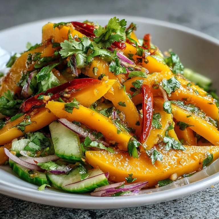Serve this Refreshing Mango Salad in a white shallow bowl, with lime wedges on the side and optional peanuts for extra crunch.