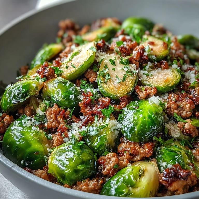 Brussels Sprouts & Ground Turkey Skillet, topped with Parmesan, served warm with lemon wedges for a bright finish.