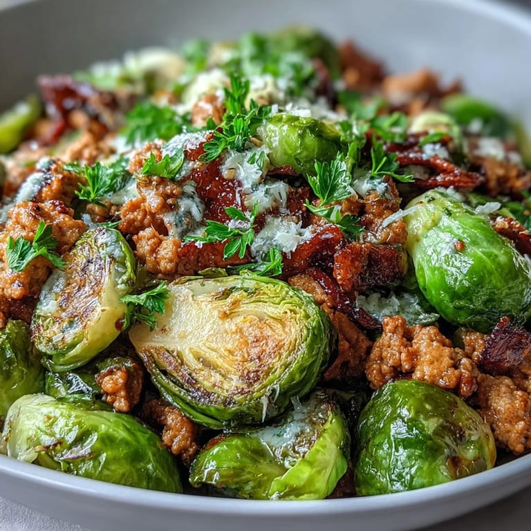 One-pan Brussels Sprouts & Ground Turkey Skillet with tender sprouts and juicy turkey, ready for a family dinner.