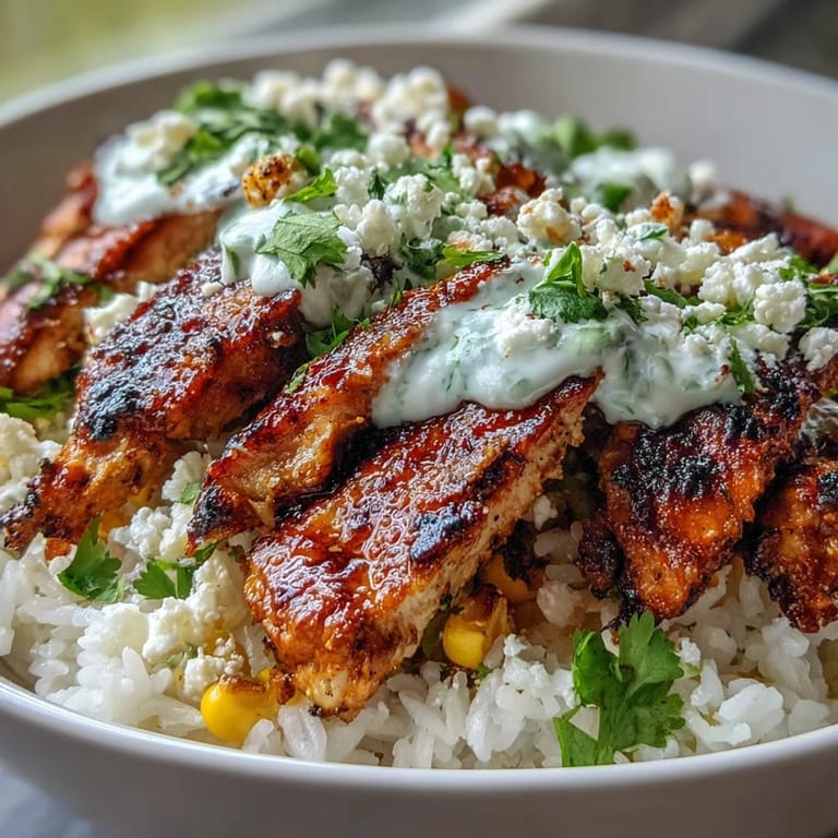 Bright lime crema drizzles over golden cotija cheese and charred corn kernels in this hearty Street Corn Chicken and Rice Bowls recipe, inspired by Mexican street food.