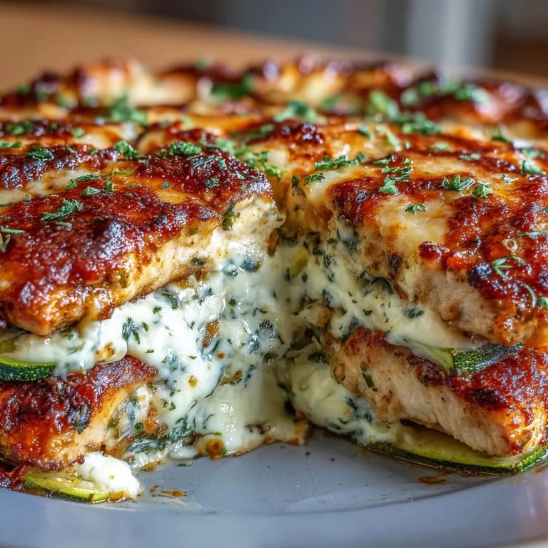 Serving a slice of High Protein Chicken Zucchini Bake onto a plate garnished with fresh parsley.
