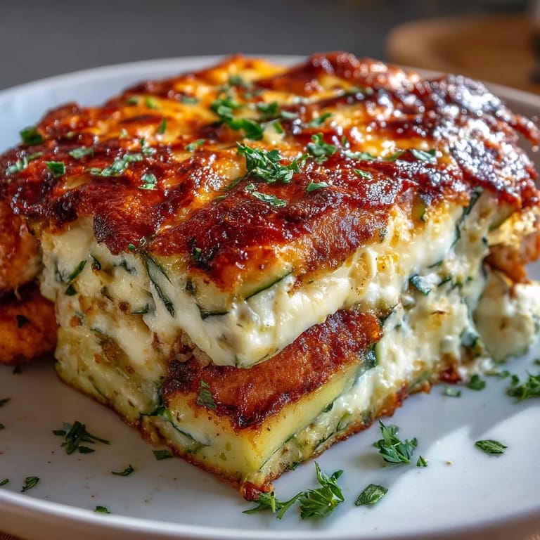 Bubbling mozzarella and Parmesan cheese topping the golden High Protein Chicken Zucchini Bake straight from the oven.
