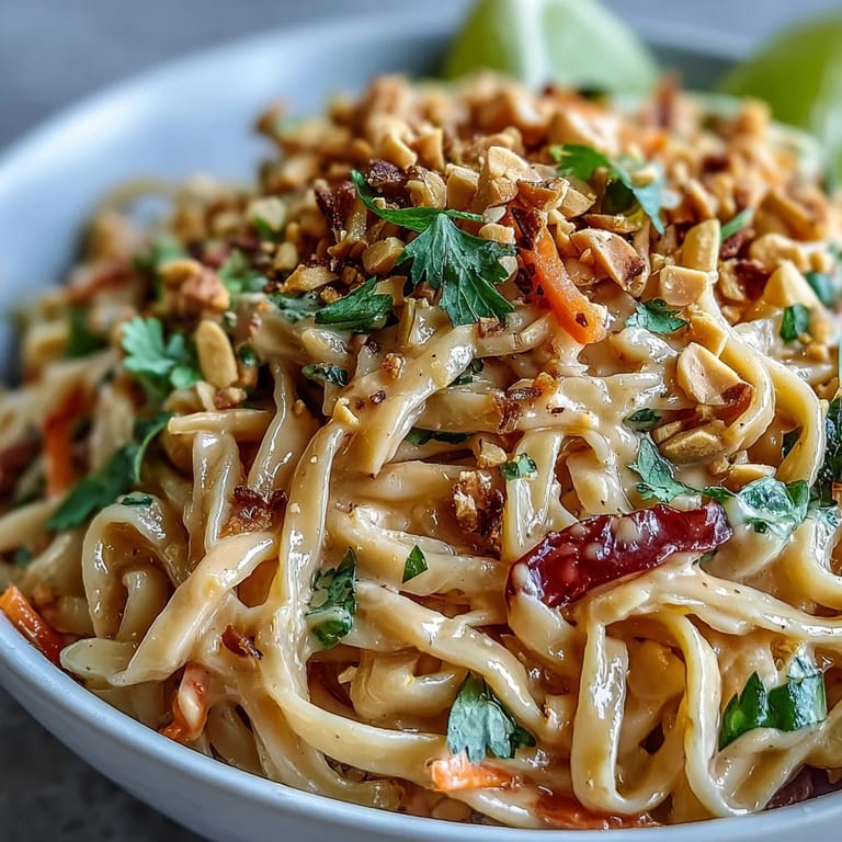Vibrant red cabbage, carrots, and cilantro create a colorful and crunchy Asian Peanut Noodle Bowl served with lime wedges.